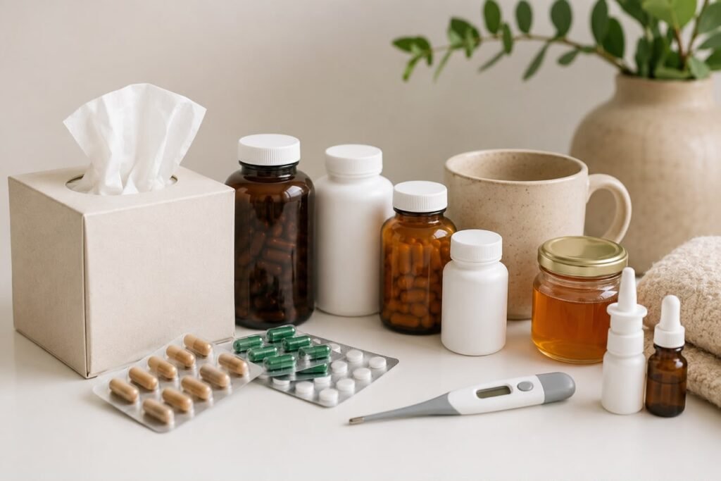 sick day kit - organised collection of supplements medicines and comfort supplies laid out on a white surface