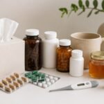 sick day kit - organised collection of supplements medicines and comfort supplies laid out on a white surface