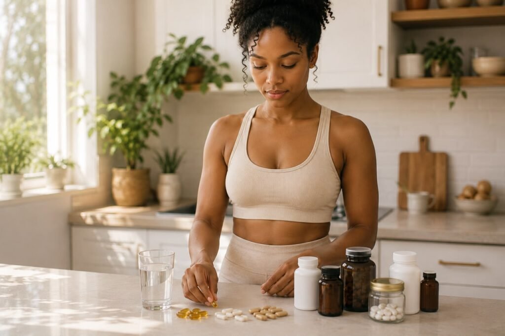 best time to take vitamins - woman laying out supplement capsules on a kitchen counter next to a glass of water in the morning