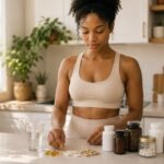 best time to take vitamins - woman laying out supplement capsules on a kitchen counter next to a glass of water in the morning